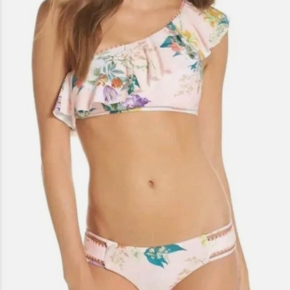 Isabella Rose One-Shoulder Floral Pink Ruffle Bikini Set